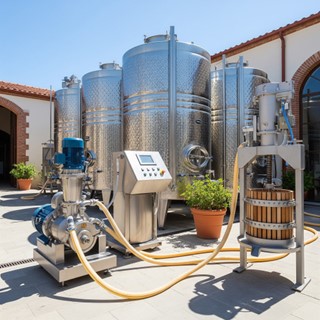 Une rangée de fûts de chêne dans une cave à vin, représentant le "matériel vinicole" essentiel pour l'élevage et la maturation des grands crus, témoignant du processus de la "viticulture".